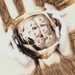 Faces in glass reflection